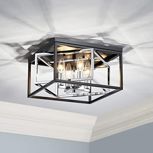 Saint Mossi 20046S Moderne Deckenleuchte Kronleuchter mit flachem Design, nahezu bündig mit der Decke, E14-Basis für 4 Lampen, matt schwarz & glänzend Chrom Oberfläche des Metallrahmens.