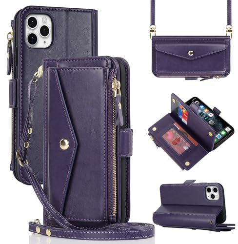 Cavor Cover Compatibile Con iPhone 11 Pro Max con Cordino,Flip Portafoglio Custodia in pelle,[9 Porta Carte][Magnetica],Custodia Cover con Laccio Compatibile Con iPhone 11 Pro Max - Viola