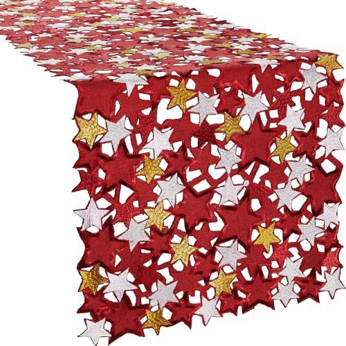 REDBEST Tischläufer Sterne mit Durchbruchstickerei rot Größe 40x110 cm - mit Metallgarn, pflegeleicht und beständig