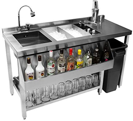 Monster Shop Cocktail Bar Station Stainless Steel 90L Insulated Ice Well Removable Dividers Floor Standing Workstation Large Sink 360 Swivel Mixer Tap Speed Rail Bin Void FREE Boston Cocktail Shaker