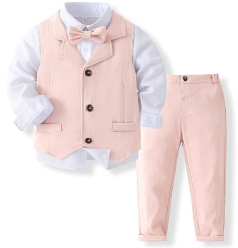 Volunboy Ensemble Costume Bébé Garçon Gentilhomme, Costumes Mariage Gilet Chemise Pantalon avec Noeud Papillon(18-24 Mois,Rose Clair,Taille 90)