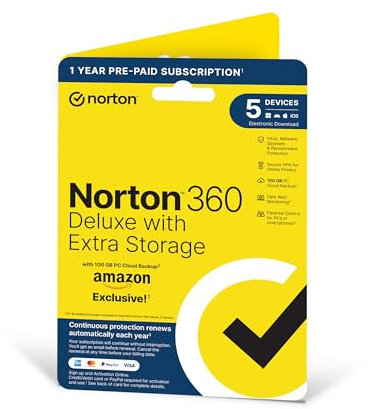 NORTON 360 DELUXE PLUS 100GB IN 1 USER 5 DEVICE 12MO AMAZON ENR DVDSLV