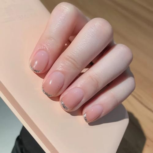 24PCS Short False Nails with Glue Stickers,Coffin Full Cover Acrylic and Press on Nails no Glue,Glitter Gradient French Fake Nails Stick for Women and Girls Nail Art
