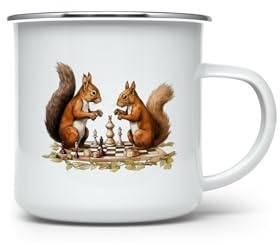 MAXIKIWI Langlebige Emaille-Kaffee- oder Tee-Camping-Tasse für drinnen und draußen, Eichhörnchen, die Schach spielen, 350 ml