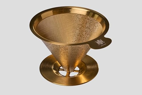 ATHIA Goldener wiederverwendbarer Kaffeefilter, Edelstahl-Tropfer mit lasergeätztem Netzkegel, umweltfreundliches, papierloses Design, passend für die meisten Tassen, Karaffen und Hario-Brauer (Gold