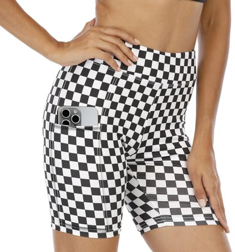 WSPLYSPJY Damen-Shorts, Schwarz und Weiß, kariert, athletische Shorts mit Taschen, Kariert Schwarz Weiß, X-Klein