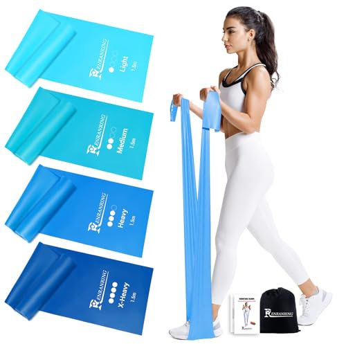 RENRANRING 4er Fitnessbänder, 1.5m Gymnastikband mit 4 Widerstandsstufen, Fitnessband mit Tragasche & Übungsanleitung,ideal für Yoga, Pilates Crossfit, Muskelaufbau