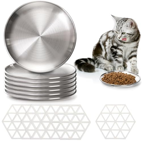 SOUJOY 12 Pieces Stainless Steel Cat Bowl, 6.7'' Shallow Cat Food Plate with Non-Slip Mat, 10 oz Whisker Friendly Wide Pet Dish for Cat and Small Pet to Prevent Whisker Fatigue