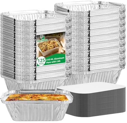 GBACHOOSE 125 stycken aluminiumskålar med lock, 410 ml engångsgrillskål, grillskålar, fyrkantiga grillskålar, små aluminiumbakformar, engångsartiklar för stekning, bakning, matlagning, ta bort away