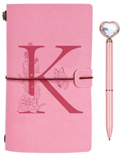 Initialen PU Leder Notizbuch mit Stift, Rosa Nachfüllbar Tagebuch für Frauen Mädchen, Reisetagebuch Skizzenbuch Notebook Geschenk für Freundin Schwestern Lehrer Abschluss Geburtstag Weihnachten K
