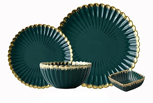 CLLBANT Vajilla de cerámica Verde, Juego de Platos para Comida, Platos de Cena, Ensalada, tazón de Sopa, Platos y tazones, Juego de Platos de Hojas