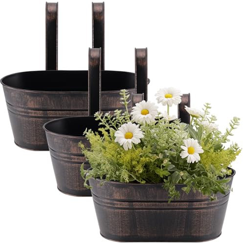 HEIYUET 3er Set Metall Hängetöpfe, Vintage Pflanztopf Hängetöpfe Balkon Blumentöpfe zum Aufhängen, Hängende Blumenkasten mit Haken für Außen innen Balkon Dekoration Garten Zaun