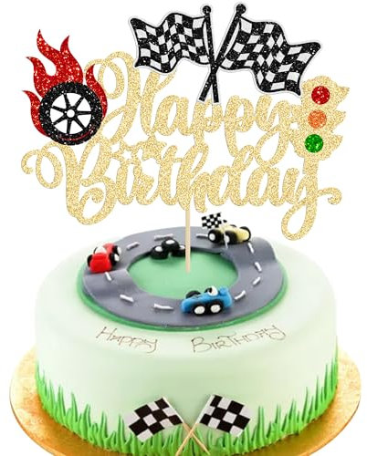 Gyufise 1Pc Race Car Happy Birthday Cake Topper Glitter Checkered Flag Cake Decorations for Racing Car Theme Party Supplies Gold