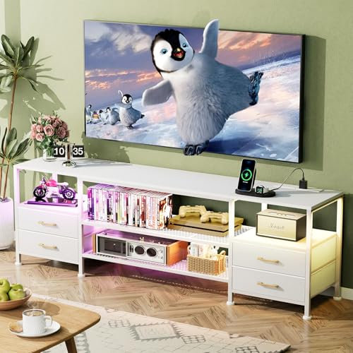 Chleby Commode en Tissu avec 4 tiroirs Meuble TV avec Prise et Bande Lumineuse LED Rangement en Tissu Cuir pour Salon, Chambre à Coucher, Chambre d'enfant Blanc