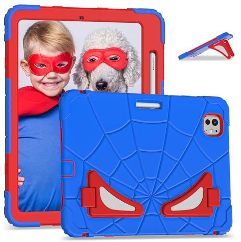 ANROD für iPad Pro 11 Zoll M4 2024 (A2836/A2837/A3006) Robuste Kinder Hülle mit [Pen Halter] [Doppel Ständer] Stoßfester PC + Silikon Hybrid Heavy Duty Armor Kinder Hülle (Blau+Rot)