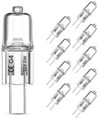 TobeBright Bombilla Halógena G4 12V 5W, 10 pcs de Adjustable AC/DC 12V Bombillas HalógenasG4, Lámpara de Larga Duración Blanco Cálido 2800K para Iluminación Interior, Lámpara de Araña