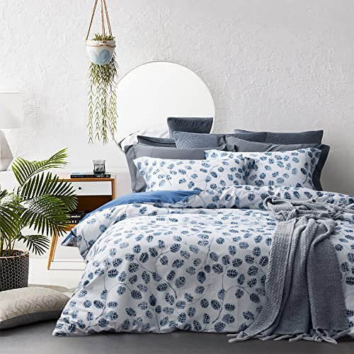 MILDLY Housse de Couette 220x240 Coton avec Bleu Motif Feuilles, 100% Coton Lavé, Texture Lin, Certifié Oeko-TEX, Botanique Imprimée Parure de Lit 220x240 Coton avec 2 Taie d'oreiller 65x65 cm