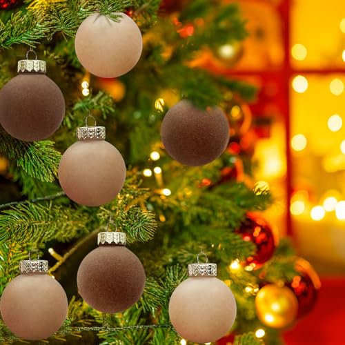 6 cm / 12 Stück Samt-Weihnachtskugeln, Samt-Weihnachtskugeln, braune Kugeln, Weihnachtsbaumschmuck, Kugel, Weihnachtsbaum, hängende Kugeln, Weihnachtsbeflockte Kugeln, Schaumstoff-Anhänger, hängende
