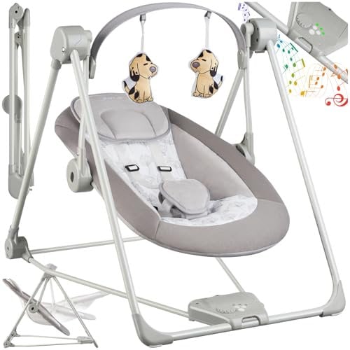tectake® Dondolo Elettrico per Neonati, 5 Livelli di Velocità, Dondolo Bambini con Timer, Arco Giochi con Peluche, Dondolo per Bambini con Suoni Naturali Rilassanti - Grigio Chiaro