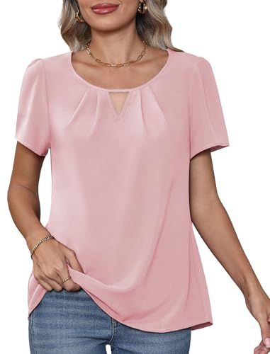 YGJIEGENG Camicetta estiva da donna in chiffon, elegante, casual, a maniche corte, plissettata, girocollo, estiva, taglie S-XXL, rosa, XL
