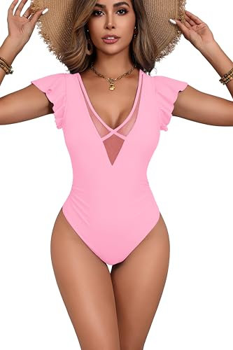AI'MAGE Costume Intero Donna Piscina Controllo della Pancia Costumi da Bagno Scollo a V Curvy Costume Intero con Volant, Rosa Chiaro, M
