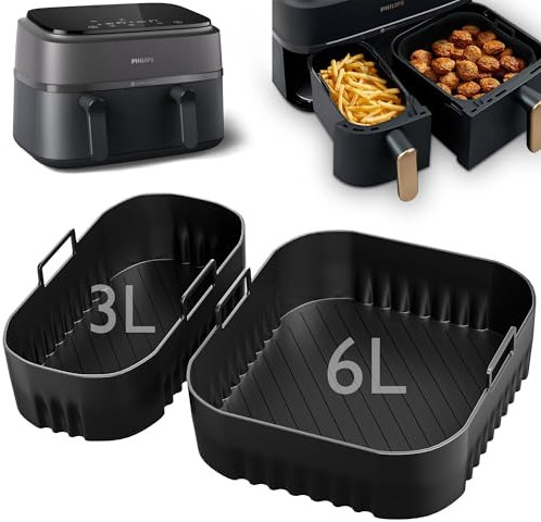 2 Stück Silikonform Heißluftfritteuse Zubehör für Philips Airfryer 3000 Serie NA350, Airfryer Silikonform für Phillips Airfryer 3000 Dual Basket, Air Fryer Silikon Einsatz 6L/3L