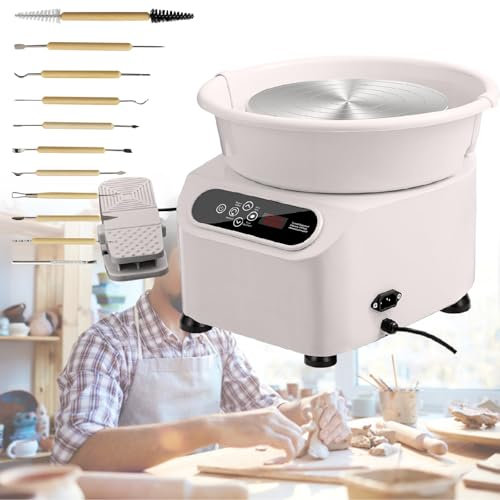 XEEAOFE Tornio Elettrico per Ceramica 25 cm (9,8 Pollici), Tornio per Argilla con Pedale e Vasca Amovibile, Strumenti DIY per Adulti e Principianti,White-220V