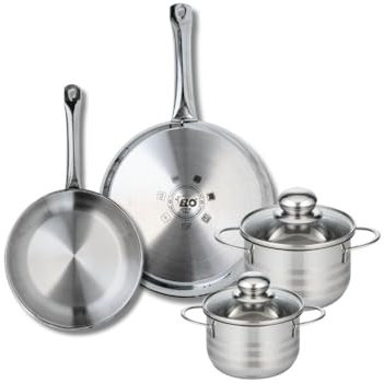 ELO 9876150 Batterie de cuisine 4 pièces, Ensemble de 2 Poêles de cuisson 24 et 28 cm et 2 faitouts 14 et 16 cm Elo Profi Brillant, inox, induction, Gris Tourterelle