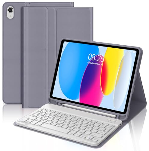 FOGARI Hülle mit Tastatur für iPad A16 11/10 Generation (2025/2022) 11/10.9 Zoll mit Stifthalter, QWERTZ-Layout, Abnehmbare Magnetisch Bluetooth Tastaturhülle für iPad 11. /10. Gen, Lila