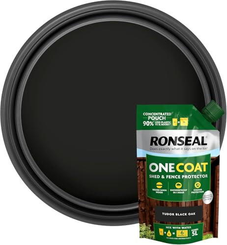 Ronseal One Coat Shed & Fence Paint Refill Pouch – 950ml – Tudor Black Oak – Mix 1 Pouch with 4L Water to Make 5L – Same as Ready-Mixed Buckets – Weatherproof Wood Treatment for Fences & Sheds