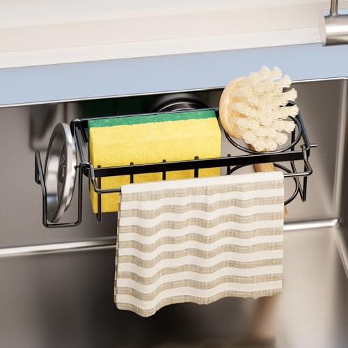 TAILI 4 in 1 Sponge Holder with Sucion Cup, Sink Caddy for Kitchen - Black | 4 in 1 Sponge Holder for Kitchen Sink for Dishcloth, Brush, Stopper, Wall Mounted, Adhesive Free, No Drilling, Quick Drainage