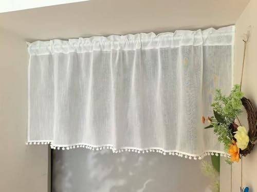 Vordesack Uni Scheibengardine mit Leinenoptik Streifen Bistrogardine mit Kugeln-Fransen Blickdichte Kurzstore mit Stangendurchzug 1 Stück Weiß HxB 40x150cm