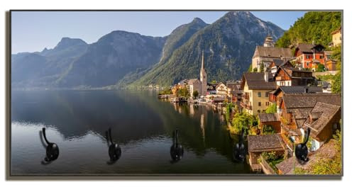 Wallario Wandgarderobe aus Holz in Größe 80 x 40 cm in Premium-Qualität, Motiv: Malerisches Dorf an Bergsee | 5 Kleiderhaken zum Aufhängen
