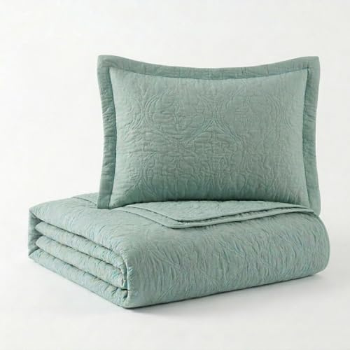 StylemyBedroom Ultrasonic Floral Bedspread Set - Soft Microfiber Quilted Coverlet for All Seasons - Includes Matching Pillow Shams (Green, Single)