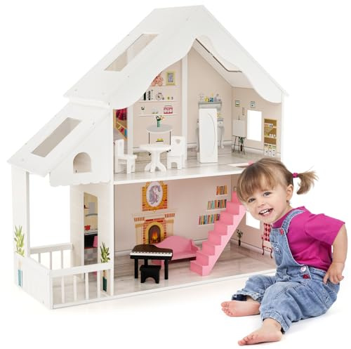 HOMASIS Puppenhaus inkl. komplettem Möbeln & Zubehör, Bunt Puppenstube Holz, Puppenvilla mit 2 Etagen & vielen Zimmern, Dollhouse für Mädchen, Traumvilla für Kinder ab 3 Jahren (Modell 7)