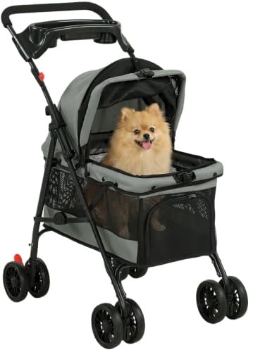 PawHut Hundewagen Hundebuggy Faltbar Klappbar Katzenwagen bis 10kg Grau | Mit Kissen, Netzfenstern, Getränkehalter, 360° Drehbare Räder Mit Bremse, Haustierbuggy Für Kleine Hunde Und Katzen