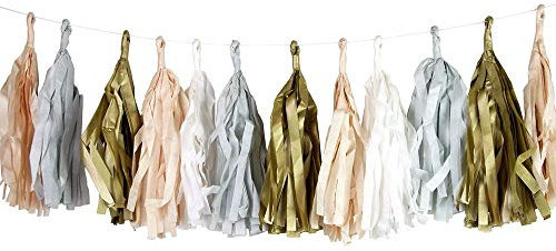 Talking Tables Decadent Decorations Guirlande de Houppes Couleur Poudre avec 20 Suspensions pour Mariage et Anniversaire, Blanc, Doré, Rose et Gris