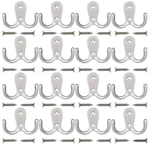 Umsole 10 Pieces Double Prong Robe Hook Retro Cloth Hanger with 20 Pieces Screws in Matte Nickel,Silver