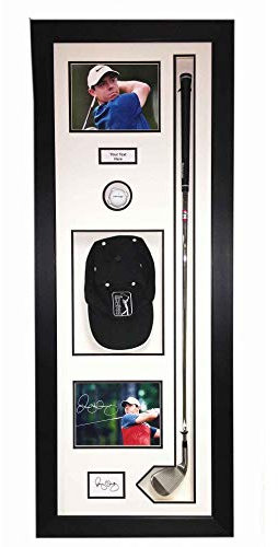 Kwik Picture Framing Ltd Golf Ball Display Case For Golf Club, Ball, Cap And 2x FREE PHOTOS AND TITLE Inc. - Gold Frame - White Mount