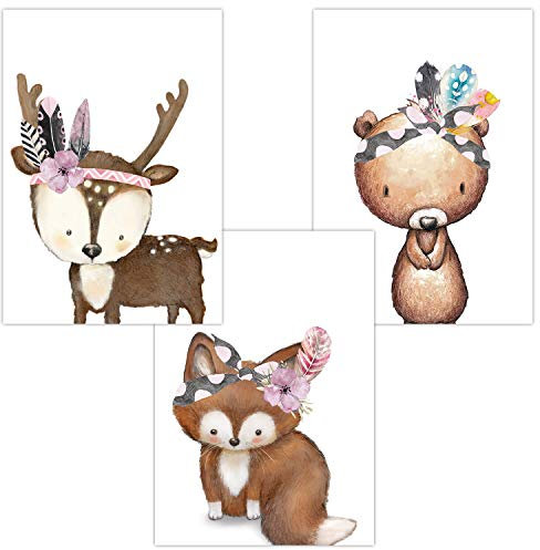 Olgs Babyzimmer Bilder 3er Set | Kinderzimmer Deko Poster DIN A4 | Wandbilder Tiere Feder | Wandposter Mädchen Junge | Waldtiere Fuchs Bär Hirsch Baby Tiere Boho