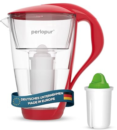 perlopur® Glas-Wasserfilter (rot) +1 Filterkartusche Alkaline | Borosilikatglas, 2 l gesamt, 1 l gefiltert, LED-Anzeige, für classic Kartuschen, hebt den pH-Wert an, für basisches Wasser