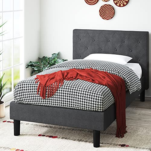 Zinus Shalini Bett 80 x 190 cm – Bettgestell 35 cm hoch – gepolstertes Plattform-Bettgestell mit Lattenrost aus Holz – Dunkelgrau