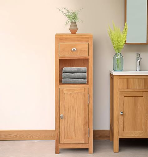 Hallowood Furniture Waverly Oak Bathroom Cabinet, Light Oak Bathroom Storage Unit with Shelf & Drawer, Solid Wooden Display Cabinet with Small Cupboard, Hallway Storage Unit