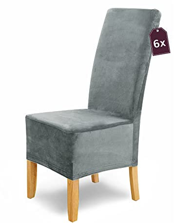 Scheffler Home Stuhlhussen Puma Velano Grau 6er Set – Elastische waschbare Stuhlbezüge aus Samt für Esszimmerstühle und Polsterstühle – Edler Chenille Stuhlüberzug
