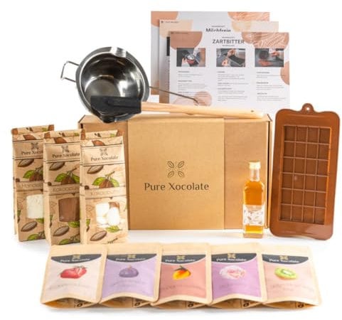 Pure Xocolate Coffret DIY Chocolat - Tablettes de Chocolat Maison - Inclus : Garnitures, Sirop d'Agave, 1 Moule Silicone, Thermomètre, Bol, Spatule - Vegan, Pauvre en Sucre, Sans Gluten ni Lactose