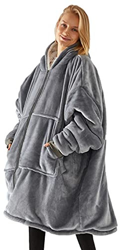 UMIPUBO Felpe con Cappuccio Uomo Donna Coperta TV Cerniera Oversize Pullover Blanket Hoodie Super Confortevole Felpa con Coperta Sherpa Fleece Jumper Coperta Gigante (Grigio,Taglia unica)