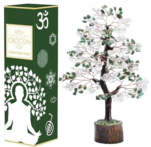 Green Aventurine & Clear Quartz Chakra Tree of Life - Crystal Tree for Positive Energy, Handmade Gemstone Tree - Feng Shui Decor, Copper Wire Money Tree Bonsai - Healing Crystals, Spiritual Gift