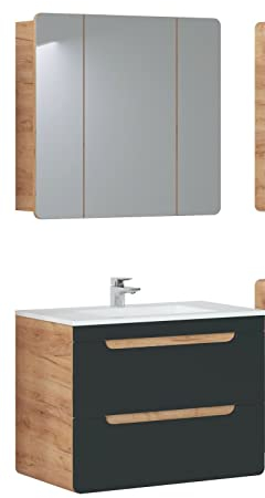 NAKA Aruba Cosmos Badmöbel-Set mit Waschbecken 80 cm Spiegelschrank & Waschbeckenunterschrank | Schubladen mit Soft-Close-Mechanismus | Badezimmerschrank | Waschtisch | Eiche-S Matt