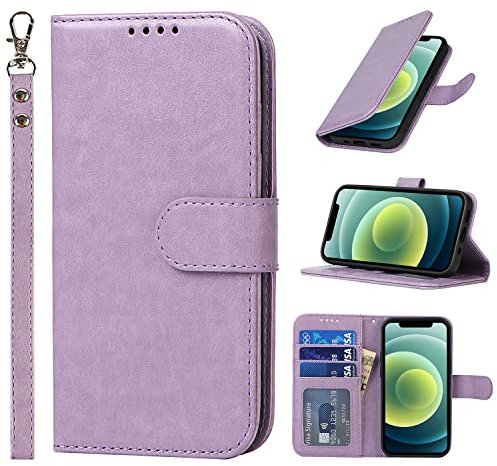 Cavor Cover Compatibile con iPhone 12 Mini con Cordino,Flip Portafoglio Custodia in Pelle,[4 Slots][Magnetica],Custodia Cover con Laccio Compatibile con iPhone 12 Mini - Viola