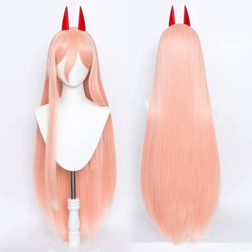 Anime Coser wig Anime Cosplay Costume Wig, Chainsaw Man Wig, Power Wig, Orange Long Straight Women Wig with Two Horns with Free Wig Cap, for Halloween, Party, Carnival, Nightlife, Concerts, Weddings